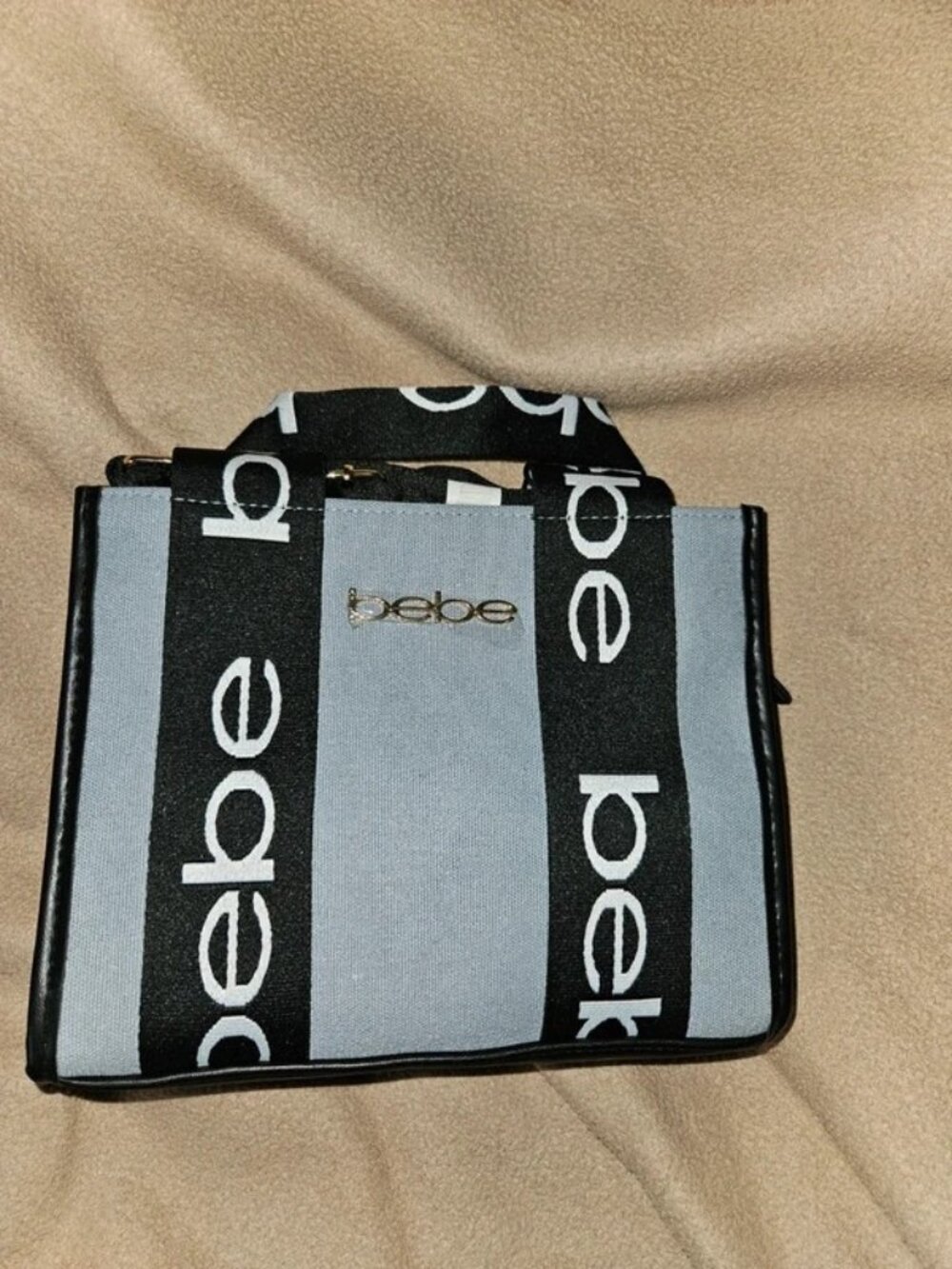 bebe Black and Light Blue Logo Stripe Tote